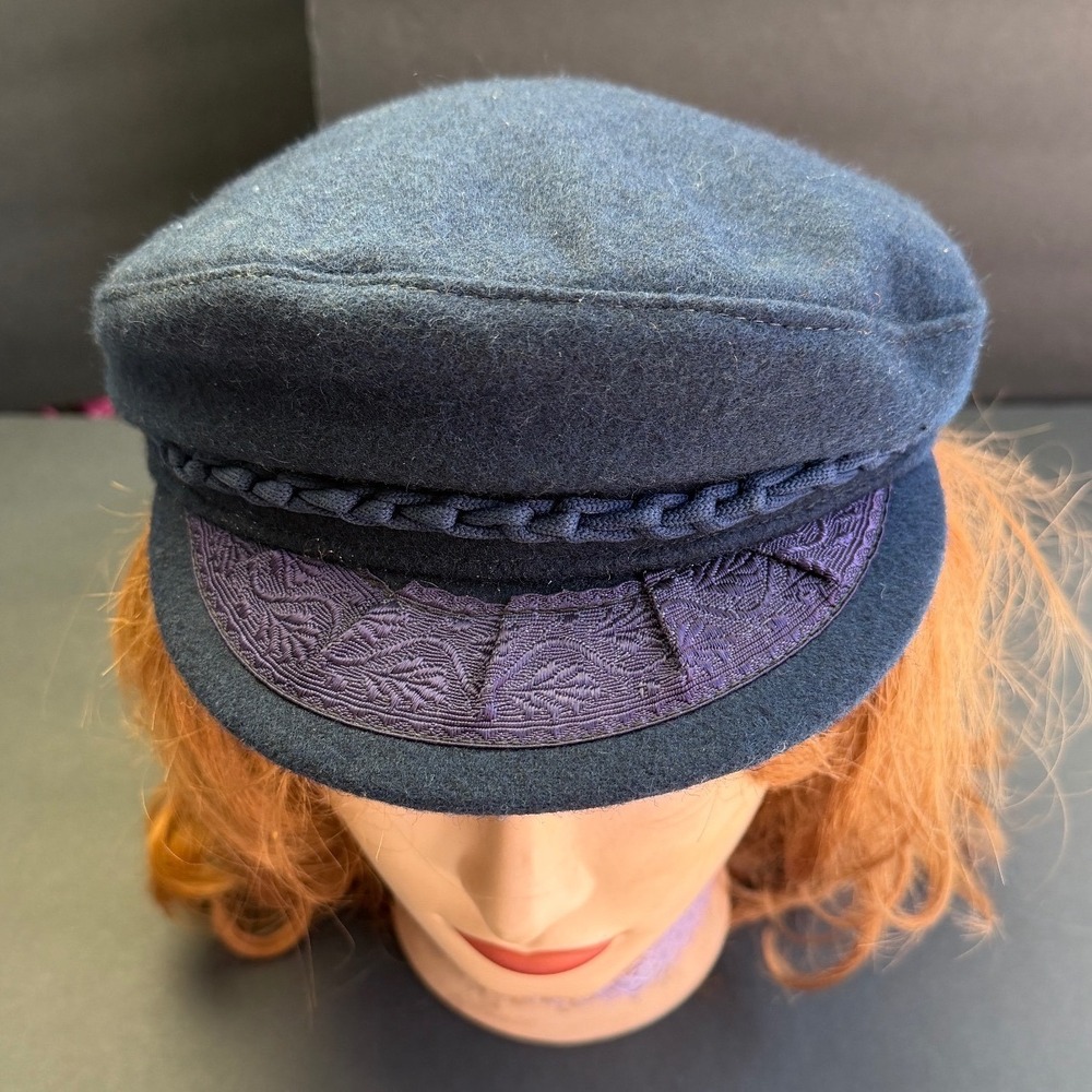 Vintage Wool Fiddler Cap Black Embroidered Brim Fisherman Hat Nautical OS